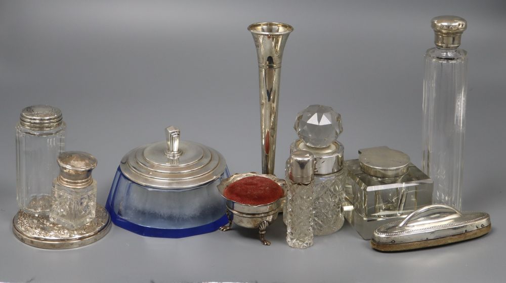 An Art Deco silver mounted blue glass powder jar, diameter 11.6cm and ten other items.